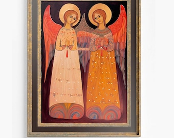 Angel Folk Art Painting - Beige Vintage Print - Folk Angel Wall Decor for  your Gallery Wall