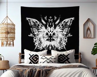 Butterfly Inkblot Tapestry Wall Hanging Black And White Meditation Grunge Hippie