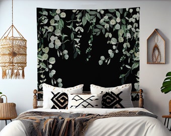 Green Plants - Eucalyptus Tapestry- Black Background Bohemian Tapestry Wall Hanging Meditation Yoga Grunge Hippie