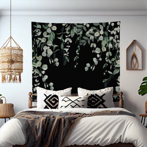 Green Plants - Eucalyptus Tapestry- Black Background Bohemian Tapestry Wall Hanging Meditation Yoga Grunge Hippie