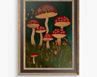 Stampa di funghi rossi: illustrazione di arte popolare vintage