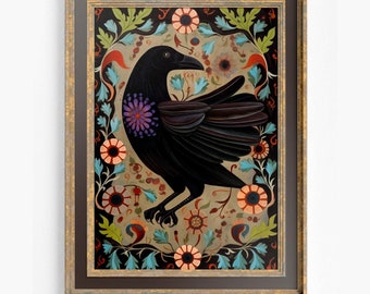 Folk Art Crow Print - Raven Wall Art - Crow Spirit Poster - Ravens and Flowers - Vintage Beige