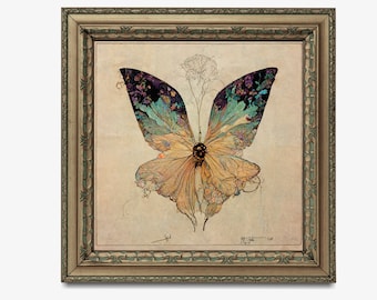 Whimsigoth Butterfy - Art Nouveau -  Moody Art Print-   Square - For Your Sacred Space - Nature - Esoteric