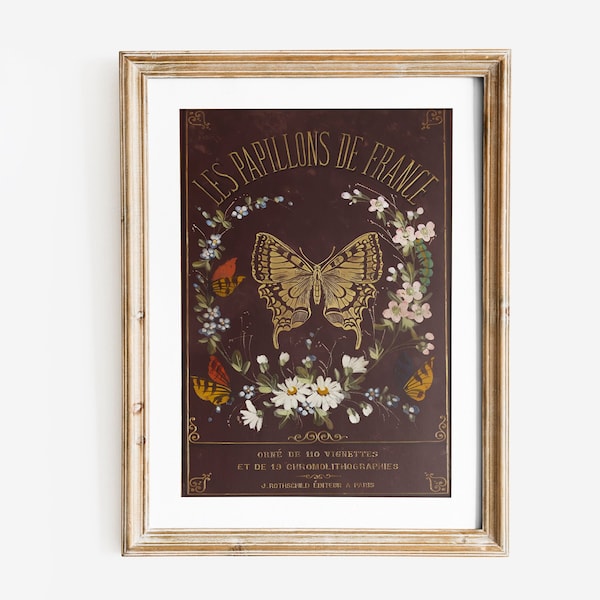 Art Nouveau Butterfly Print: Beige & Gold Floral Poster