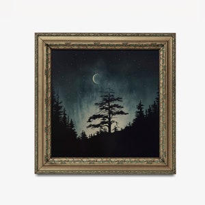 Dark Moody Landscape Painting - Moody Sky - Crescent Moon