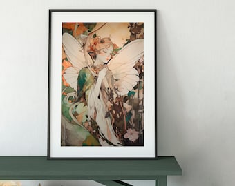 Vintage Fairy Art Print: Beige & Green Mystical Decor