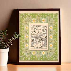Impression de tarot The Sun - vintage shabby chic - affiche de tarot - affiche de carte de tarot Nouveau - vert