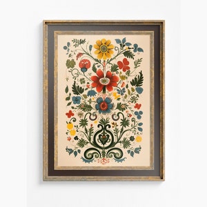 Floral Folk Art Print - Mandala Folk Art - Folk Floral Poster - Neutral with Red and Green