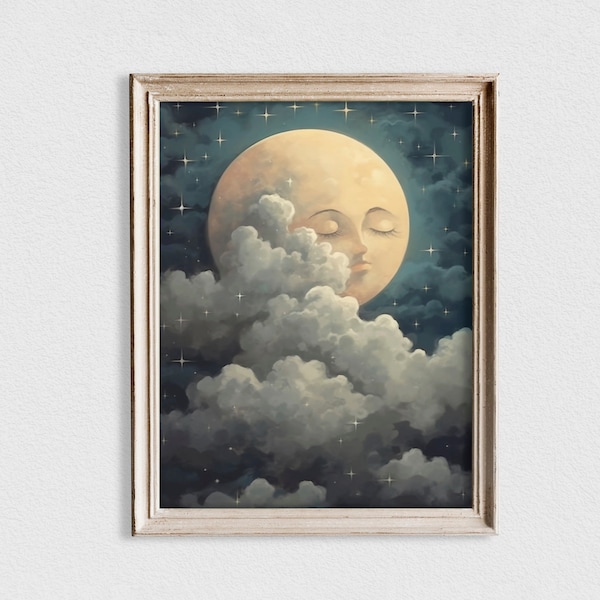 Lune avec visage - Peinture du ciel - Impression de pépinière de lune - Art neutre en matière de genre - Lune mignonne