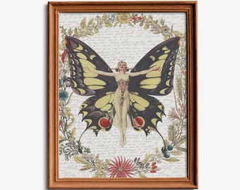 Collage de estampados estilo flapper de la revista Life - Mujer mariposa - Póster - Boho - Estampado de diosa, obra de arte grande - Vintage