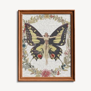 May include: A framed art print featuring a woman with butterfly wings. The artwork has a vintage aesthetic, with a woman's body integrated with a butterfly's wings. The wings are black and yellow, and the frame is brown.