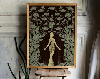 Demeter Goddess Art Nouveau Poster: Beige & Sage Green Print