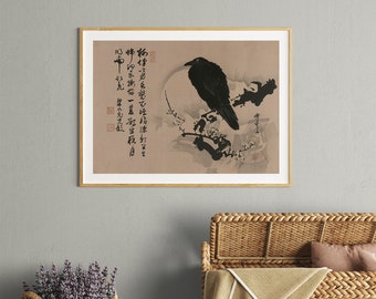 Full Moon with Crow on Plum Branch - Print Bohemian Print Large Artwork - Beige and Black Japanese Vintage