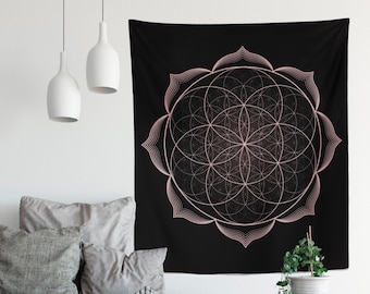 Seed Of Life - Geometric Mandala - Black and Pink-  Wall Tapestry Yoga Meditation Mandala Wall Hanging