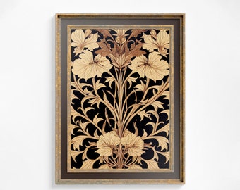 Póster Art Nouveau con estampado floral, estilo bohemio, obra de arte grande Mucha - Beige y negro - Vintage