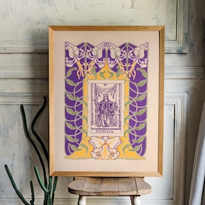 L'impression de carte de justice - nouveau tarot floral - impression de tarot unique - art du tarot vintage - violet et vert