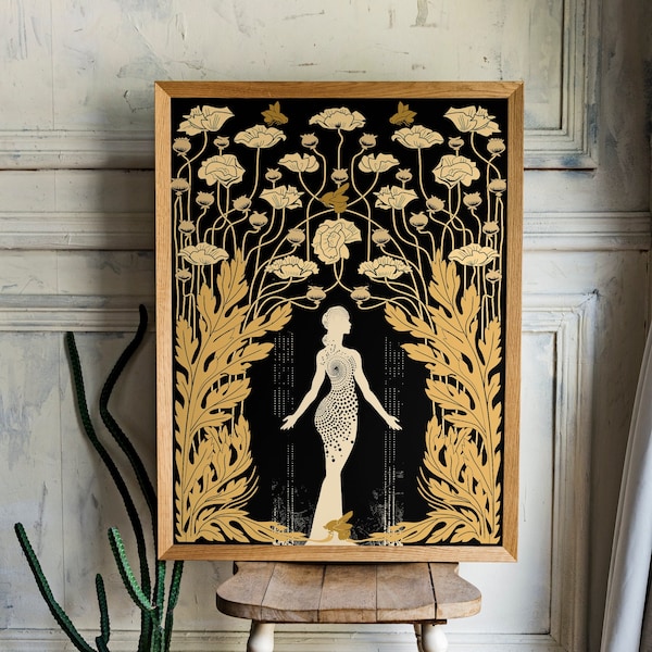 Póster Art Nouveau de la diosa Deméter: Estampado bohemio en negro y dorado
