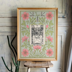 Impression The Lovers - Shabby Chic vintage - Poster de tarot - Poster de carte de tarot Nouveau - Rose et vert