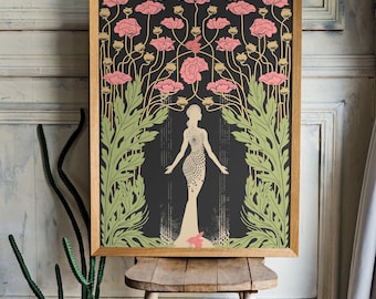 Demeter Goddess Art Nouveau Poster: Pink and Green Bohemian Print