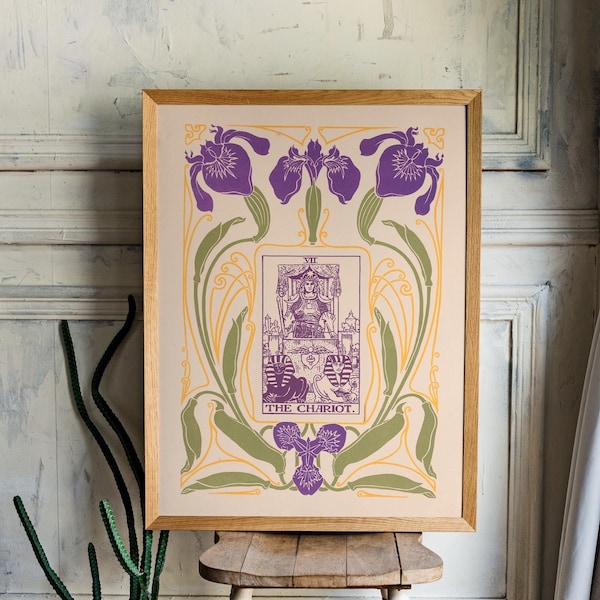 Floral Nouveau Tarot Card Print: The Chariot, Purple & Green