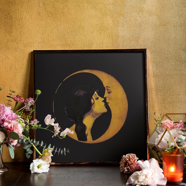 Art Nouveau Moon Print – Woman Kissing, Dark Beige & Gold