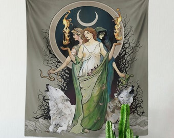 Hecate Tapestry: Moon Goddess, Wolves, Witchy Gothic Art