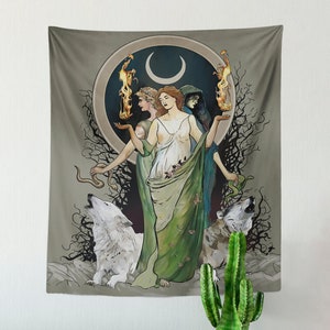 Painted Moon Goddess Art Hecate Tapestry Moon And Wolves Tapestry Witchy Art Black And White Gothic Art