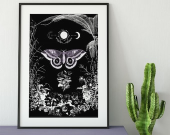 Gothic Floral Print Bohemian Print Large Artwork - Vintage Flowers and Moth