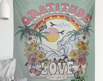 Sage Green Hippy Tapestry - Pink Hippy Tapestry - Gratitude  - Wall Hanging Meditation Yoga Grunge Hippie - Beach Tapestry