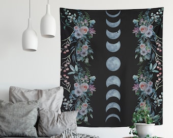 Blue Moon Phases Tapestry - Floral Alchemy Gothic Meditation Hippie Wall Hanging