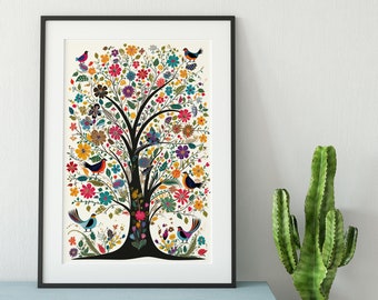 Tree Of Life Print - Colorful Floral Tree with Birds - Tree Poster Art