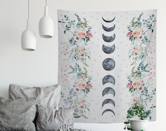 Blue Moon Phases Tapestry - Floral Alchemy Gothic Meditation Hippie Wall Hanging