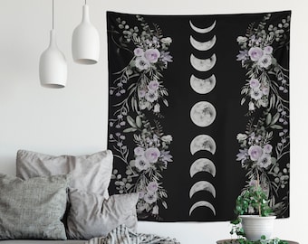 Black Moon Phases Tapestry - Floral Alchemy Gothic Meditation Hippie Wall Hanging