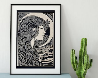 Moon Goddess - Print - Black and White -  Bohemian - Goddess Print Large Artwork