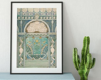 Blue Art Nouveau Hotel Poster -  Teal Vintage -  Peacock and Cranes -  Bohemian Print