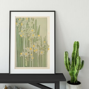 Vintage Floral Art Nouveau Print: Green & Yellow Botanical Artwork