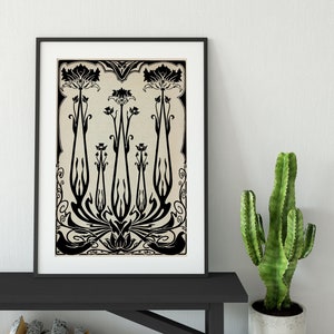 Art Nouveau Floral Poster - Vintage Design - Ornamental Print - Large Artwork - Beige and Black