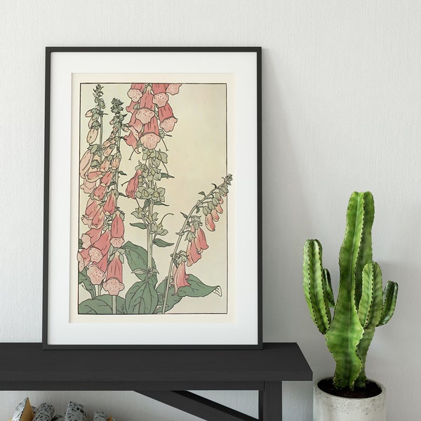 Vintage Pink Floral - Nouveau Flower Print - Bohemian - Print Large Artwork - Green and Pink Vintage