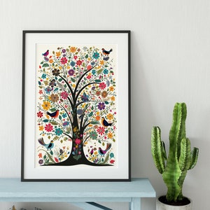 Tree Of Life Print - Colorful Floral Tree with Birds - Tree Poster Art