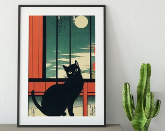 Japanese Cat in the Window Painting - Black Cat Japanese illustration Print