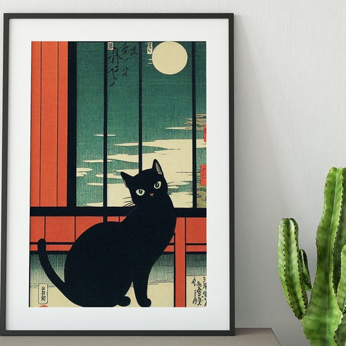 Japanese Cat Painting Black Cat Japanese Illustration Print Etsy