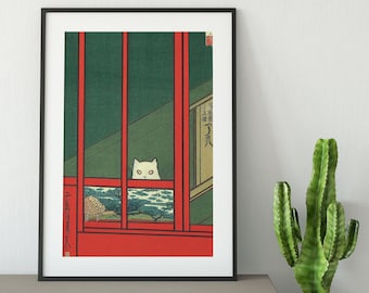Japanische weiße Katze Kunstdruck: Ukiyo-e Illustration