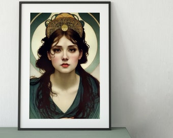 Art Nouveau -  Goddess - Green Poster  Bohemian - Goddess Print Large Artwork - Persephone
