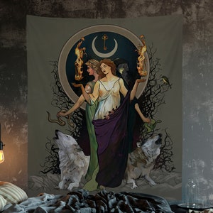 Moon Goddess Art Hecate With Key -Tapestry - Purple Dress - Key and Songbird Goddess