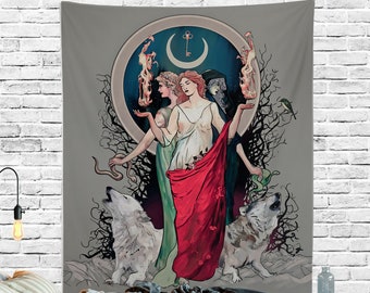 Hecate Tapestry: Moon Goddess, Wolves, Gothic Witchy Art