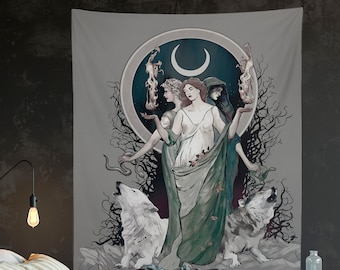 Hecate Moon Goddess Tapestry: Gothic Witchy Art with Wolves