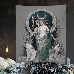 Gray Moon Goddess Art Hecate Tapestry Moon and Wolves Tapestry Witchy Art Black and White Gothic Art