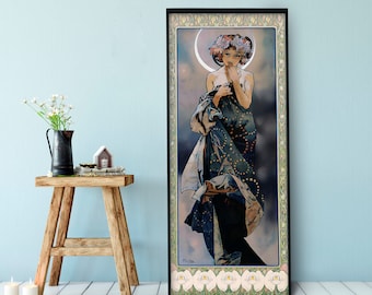Mucha Moon Print - Art Nouveau Poster Bohemian Print Large Artwork - Floral - Long Poster - alphones mucha