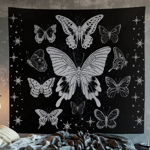 Butterfly Tapestry Moths Wall Hanging Black and White Gothic Etsy