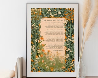 The Road Not Taken Print - Inspirational - Floral Art Print - Robert Frost Poem